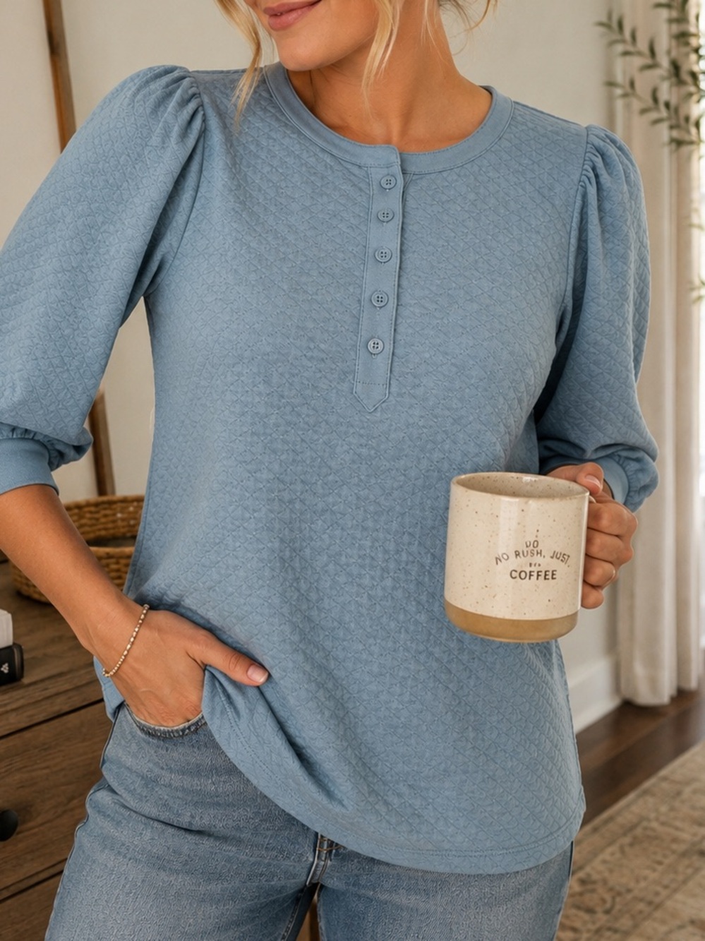Time and Tru Blue Textured Puff Sleeve Henley Top Women’s M 8-10